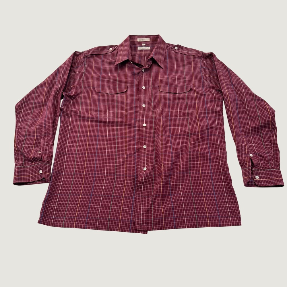 Vintage Christian Dior Mens XL Red Plaid Long Sleeve Button Up Shirt Epaulets